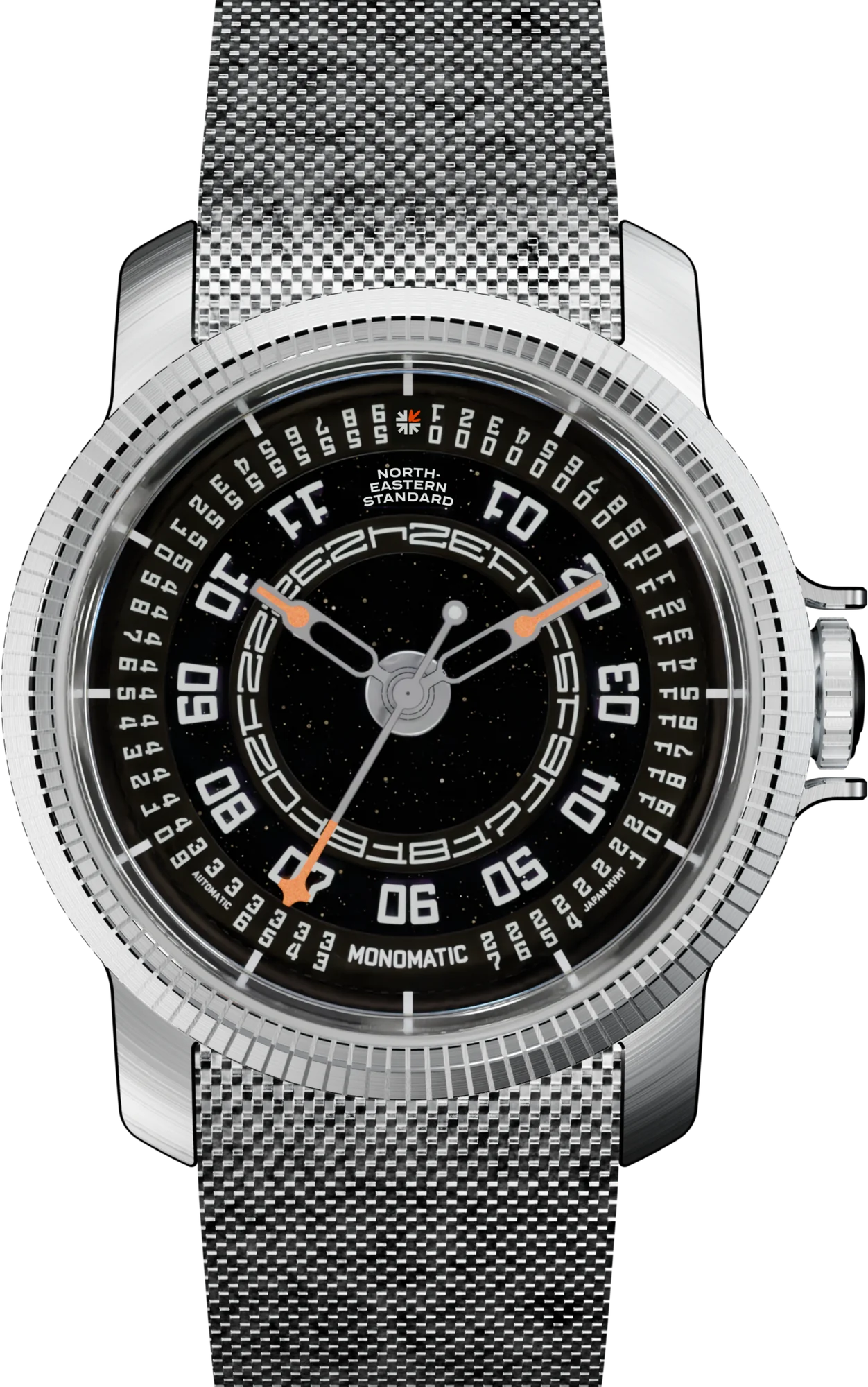 Monomatic front view: black aventurine dial with radial cast-lume numerals, fluted steel bezel and Milanese mesh bracelet